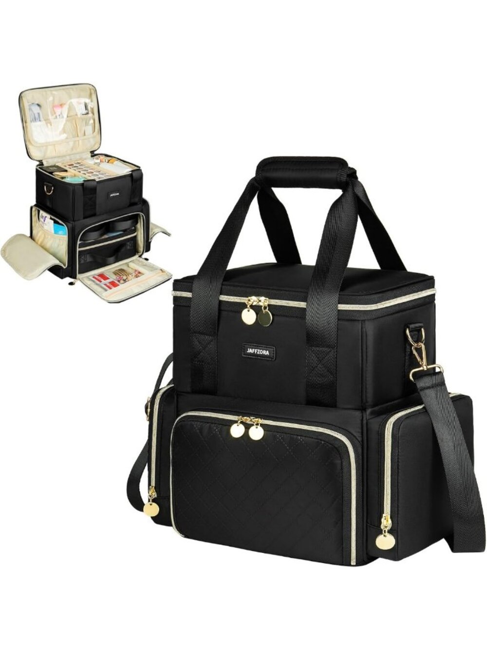 Extra Large Travel Makeup Bag with 3 Removable Cases & Dividers, Black Cosmetic
